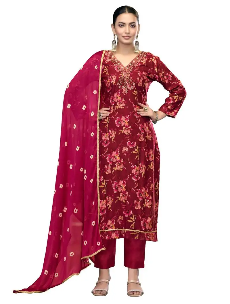 Women's maroon unstitched emblished jaam cotton dress material