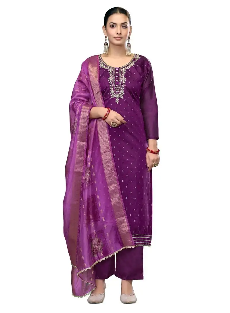 Women's voilet unstitched handwork modal cotton dress material