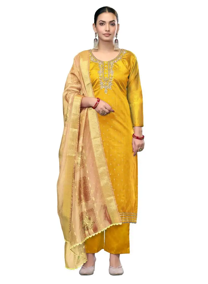 Women's yellow unstitched handwork modal cotton dress material