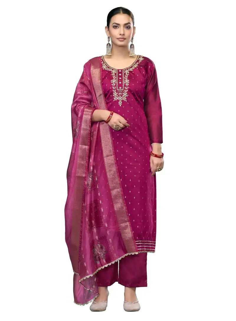 Women's magenta unstitched handwork modal cotton dress material