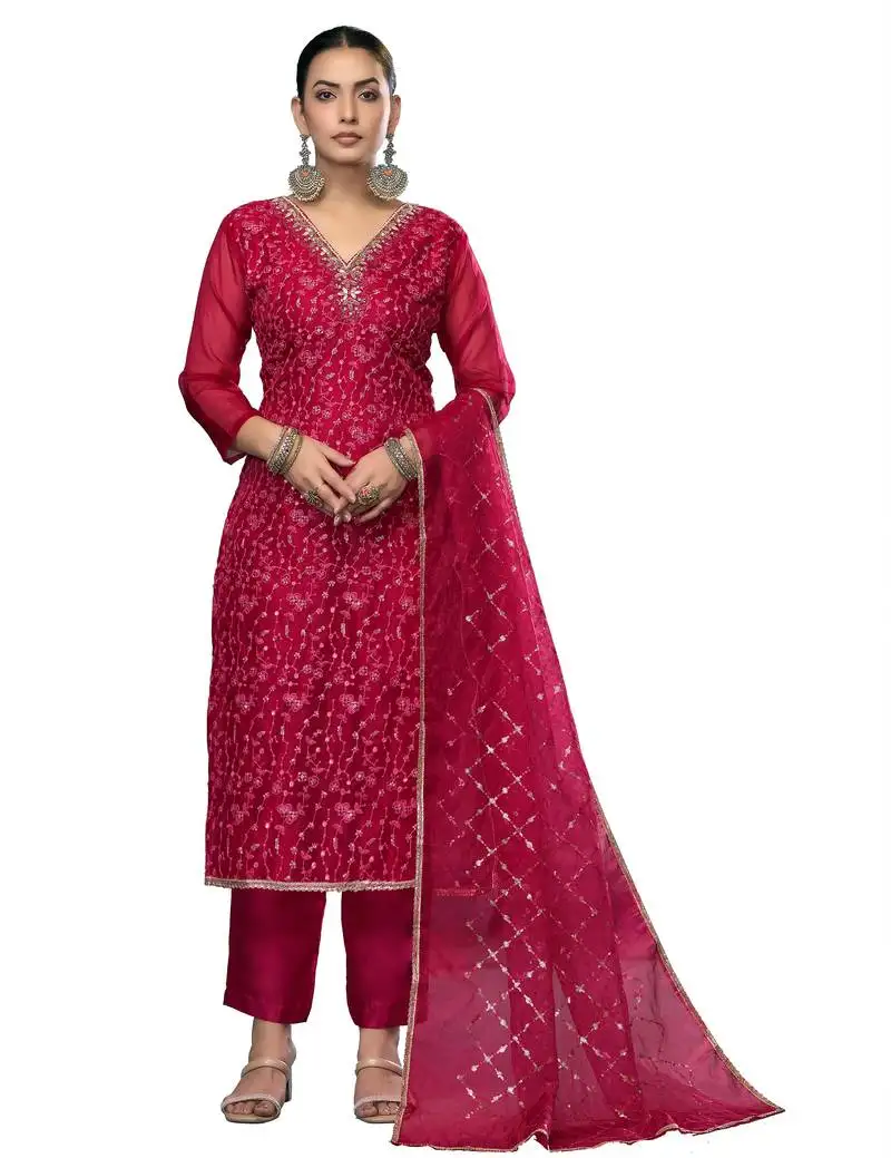 Women's maroon unstitched embroidered viscose organza dress material