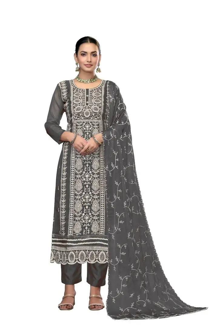 Women's dark grey unstitched embroidered viscose organza dress material