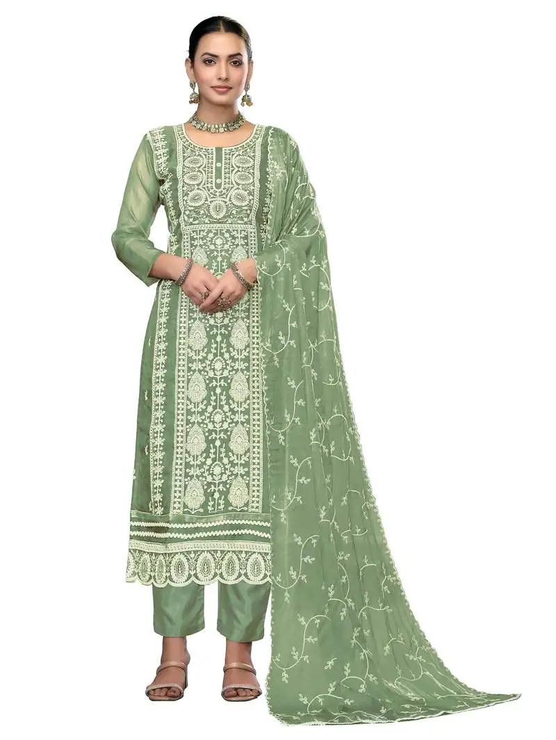 Women's pista green unstitched embroidered viscose organza dress material