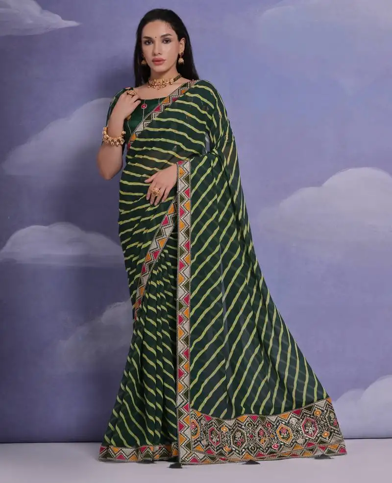 Green leheriya georgette saree with sequin and embroidered lace
