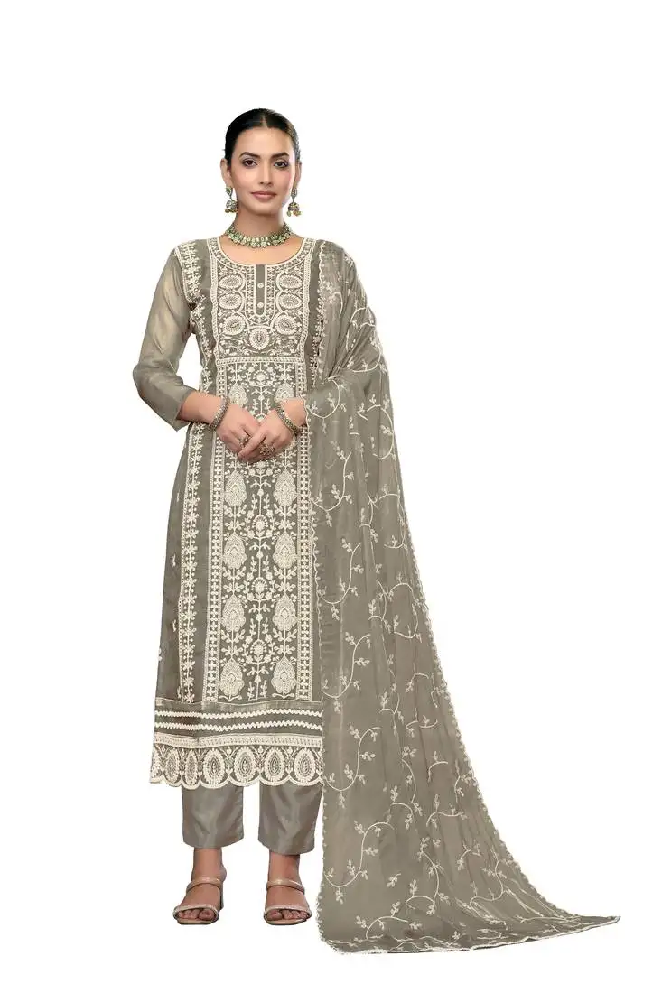 Women's light grey unstitched embroidered viscose organza dress material
