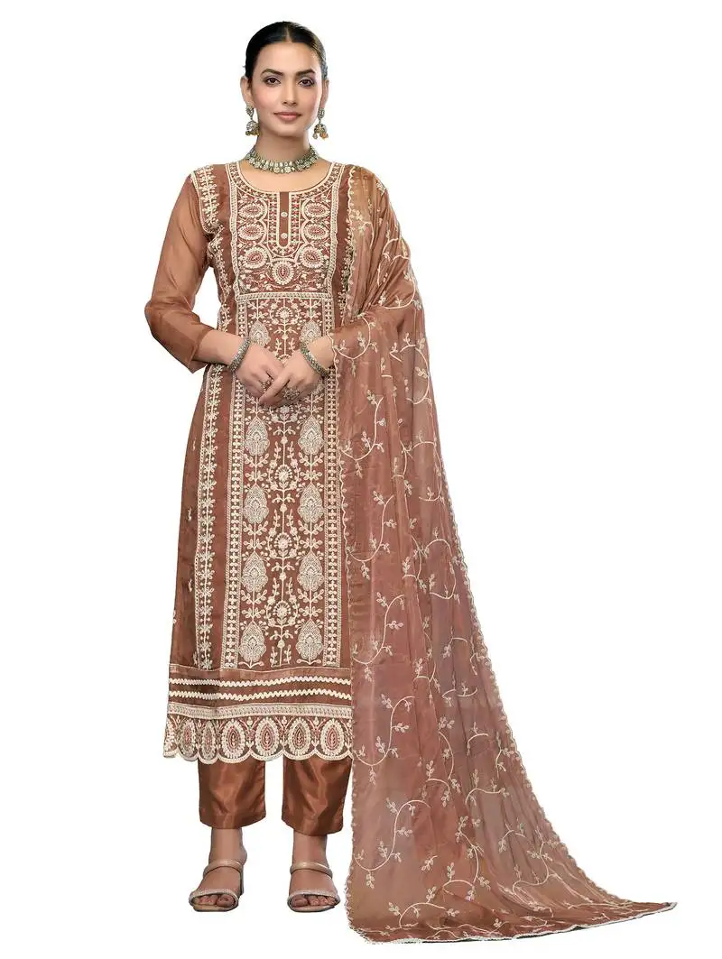 Women's rust unstitched embroidered viscose organza dress material