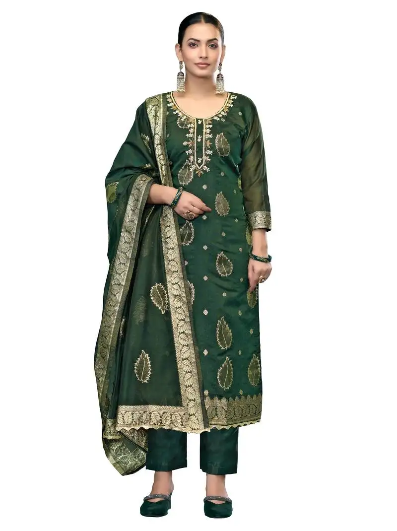 Women's bottle green unstitched handwork modal banarasi dress material