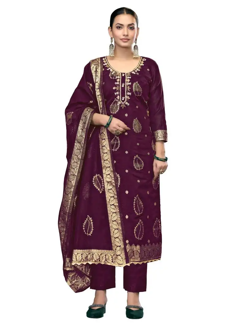 Women's purple unstitched handwork modal banarasi dress material