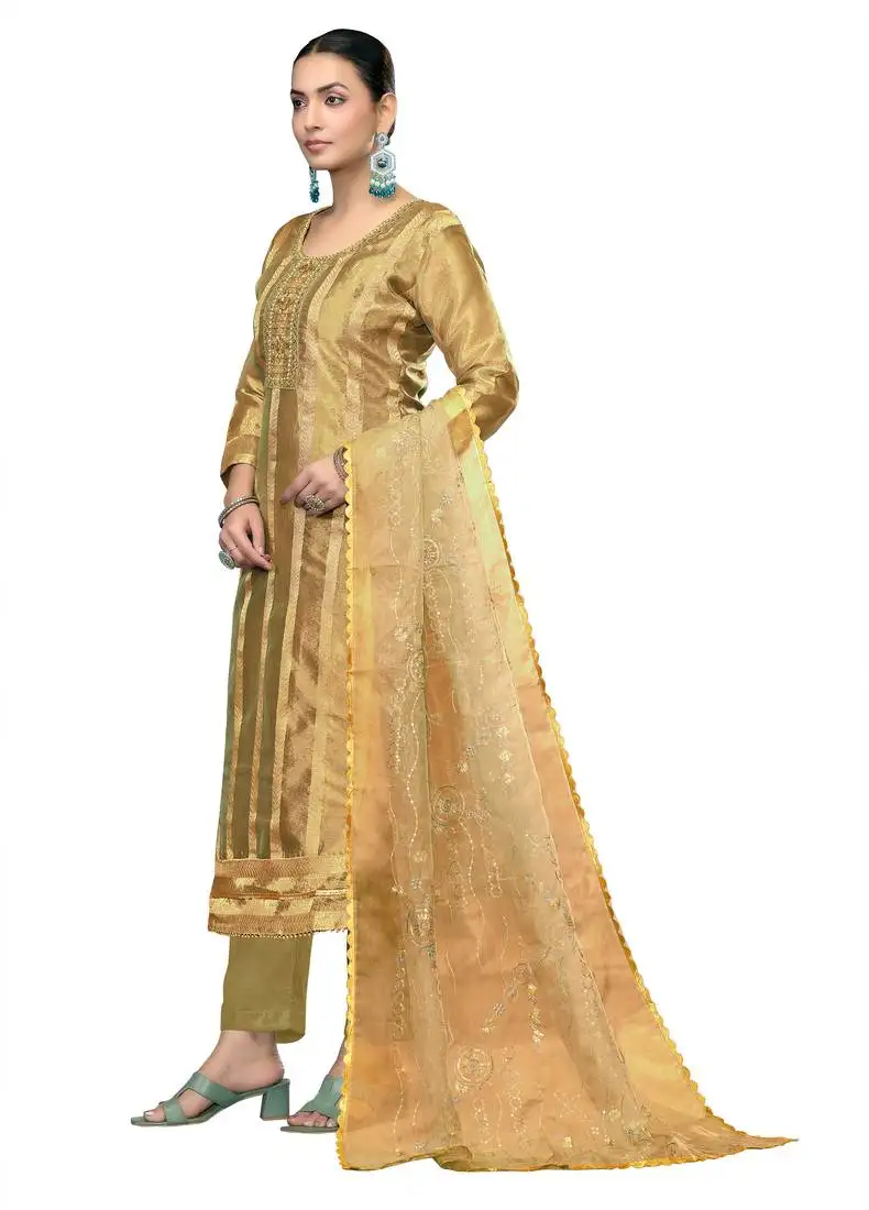 Women's olive green unstitched embroidered viscose organza dress material