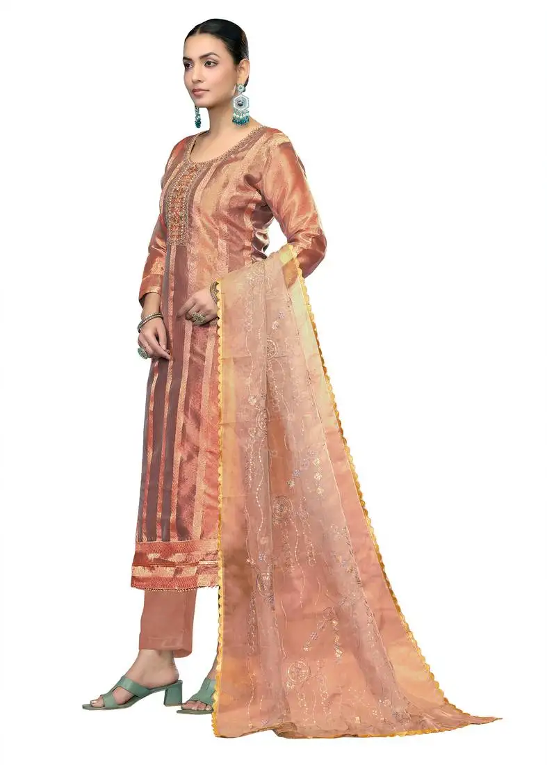 Women's dusty rose unstitched embroidered viscose organza dress material