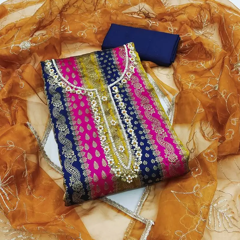 Women's multi unstitched handwork banarasi jacquard dress material