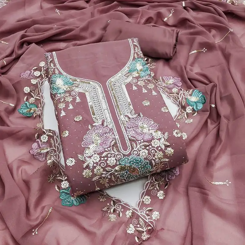 Women's levender unstitched embroidered viscose georgette dress material