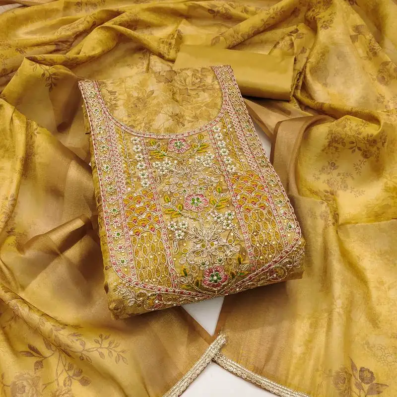 Women's light green unstitched digital printed cotton silk dress material