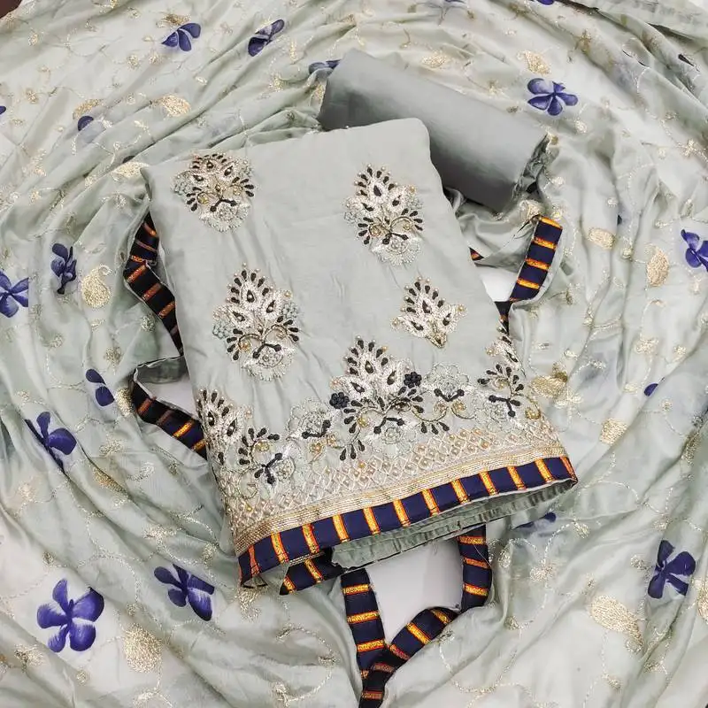 Women's grey unstitched embroidered chanderi modal dress material