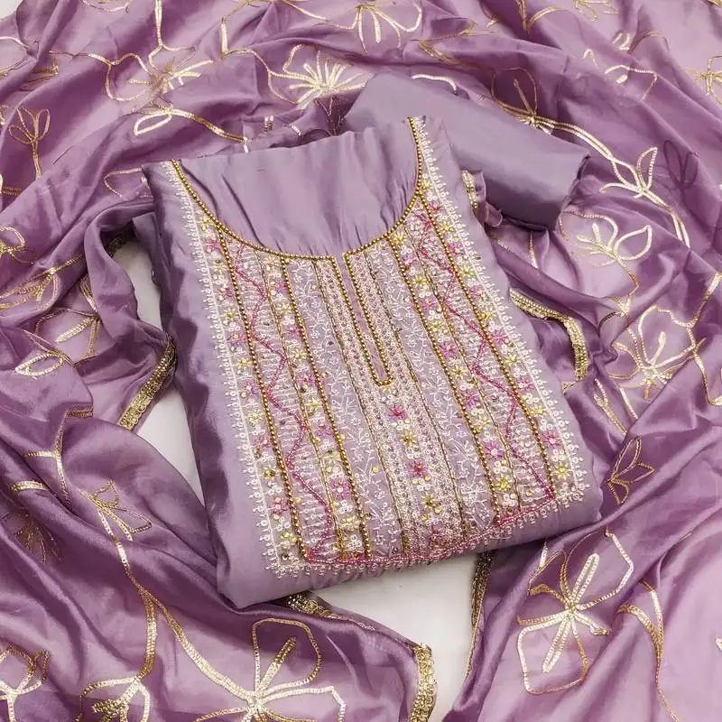 Women's purple unstitched embroidered roamn cotton dress material