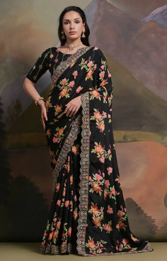 Black floral printed georgette saree with embroidered border