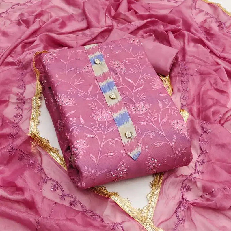 Women's pink unstitched embroidered modal chanderi dress material