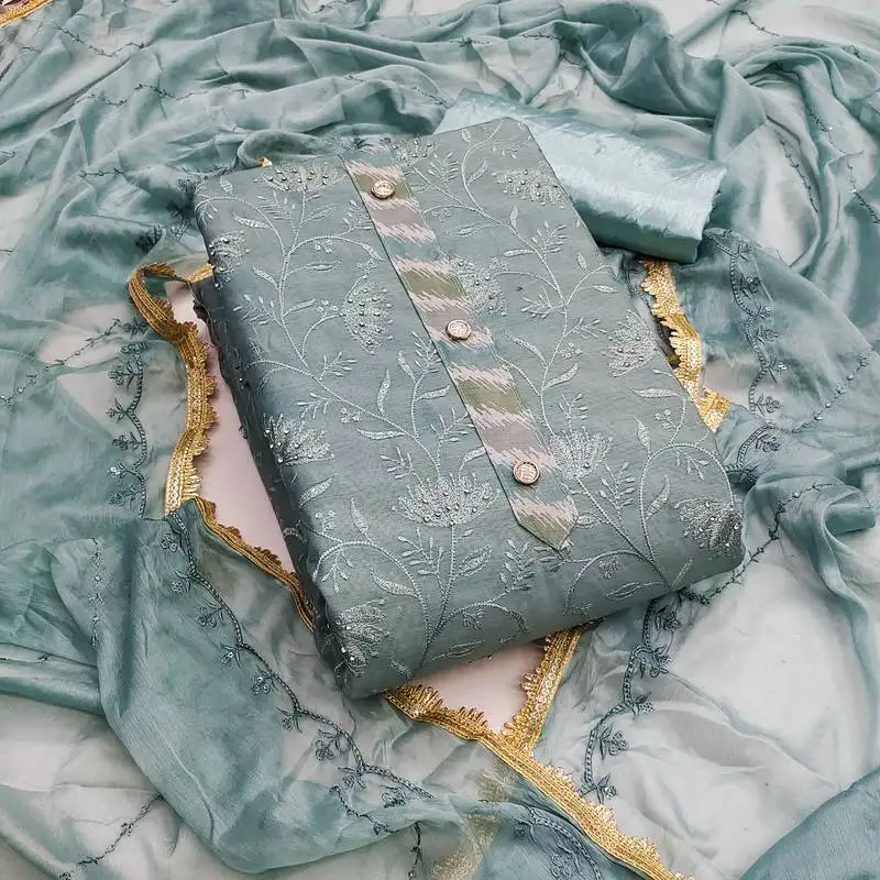 Women's sea green unstitched embroidered modal chanderi dress material