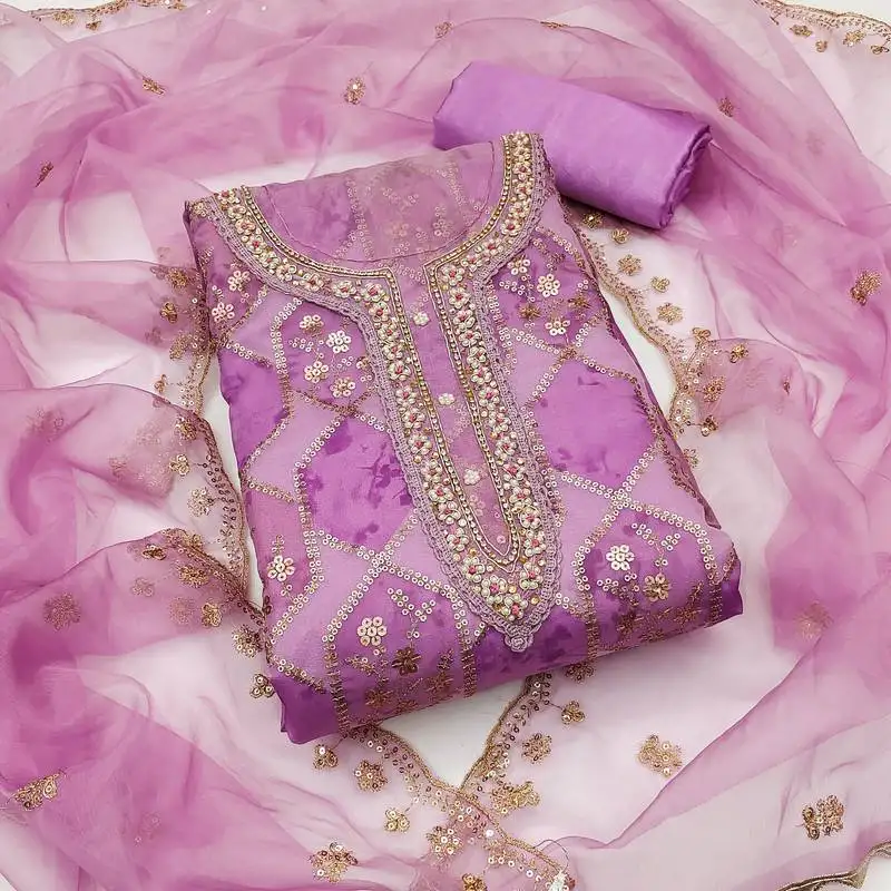 Women's multi unstitched embroidered viscose organza dress material