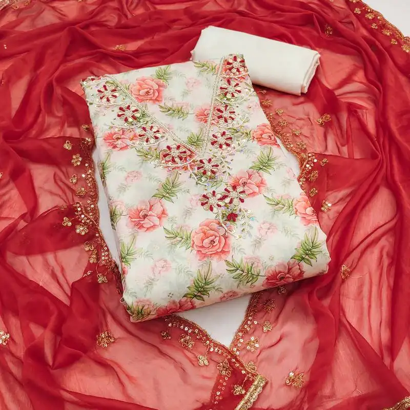 Women's multi unstitched embroidered modal cotton butti dress material