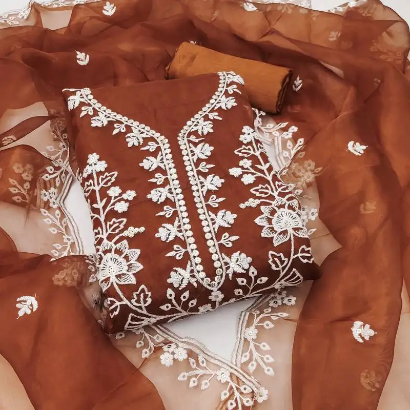 Women's rust unstitched embroidered organza dress material