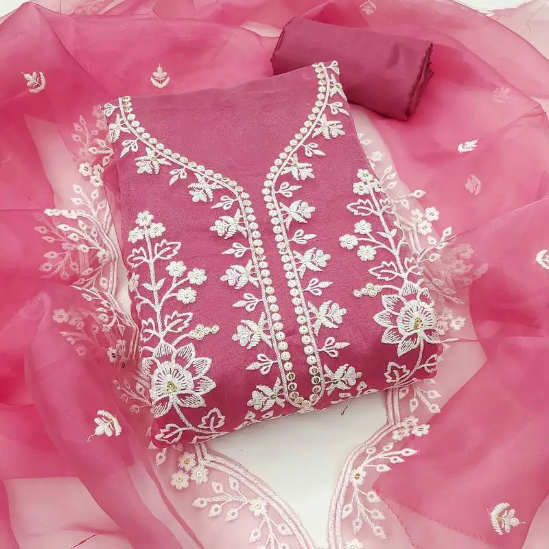 Women's pink unstitched embroidered organza dress material