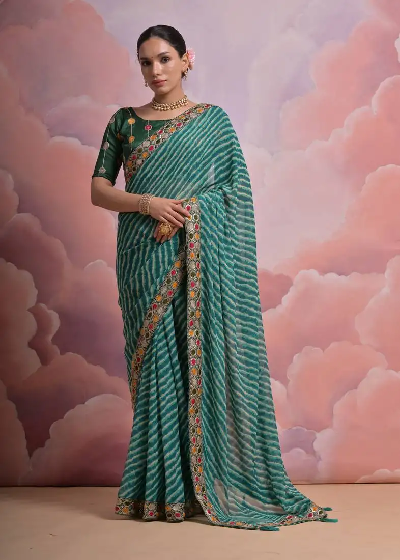 Teal georgette saree with laheriya print embroidered & sequin lace border
