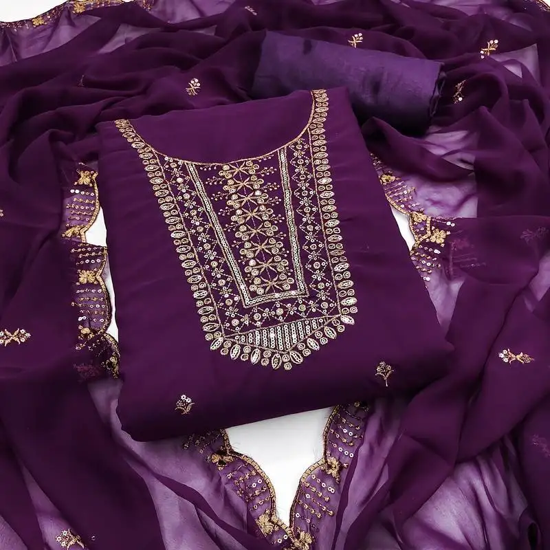 Women's voilet unstitched embroidered georgette dress material