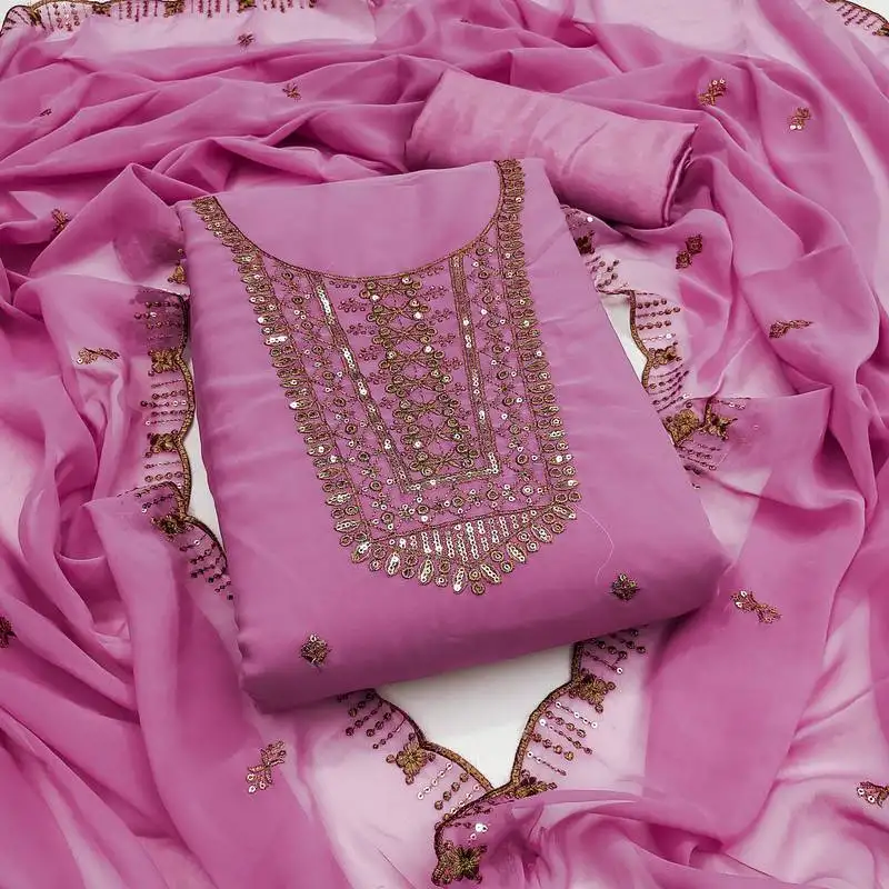 Women's pink unstitched embroidered georgette dress material