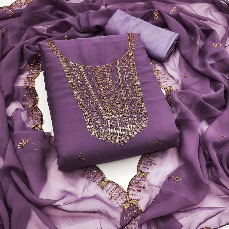 Women's levender unstitched embroidered georgette dress material