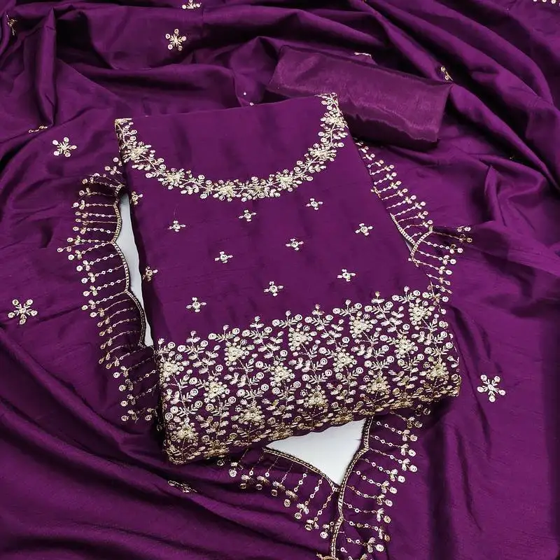 Women's purple unstitched embroidered jalpari cotton dress material