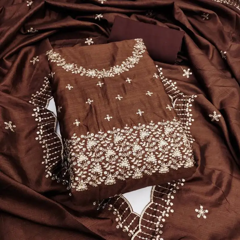 Women's brown unstitched embroidered jalpari cotton dress material