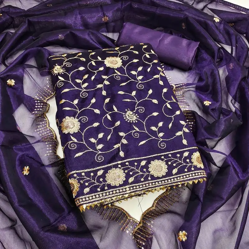 Women's royal blue unstitched embroidered twill net dress material