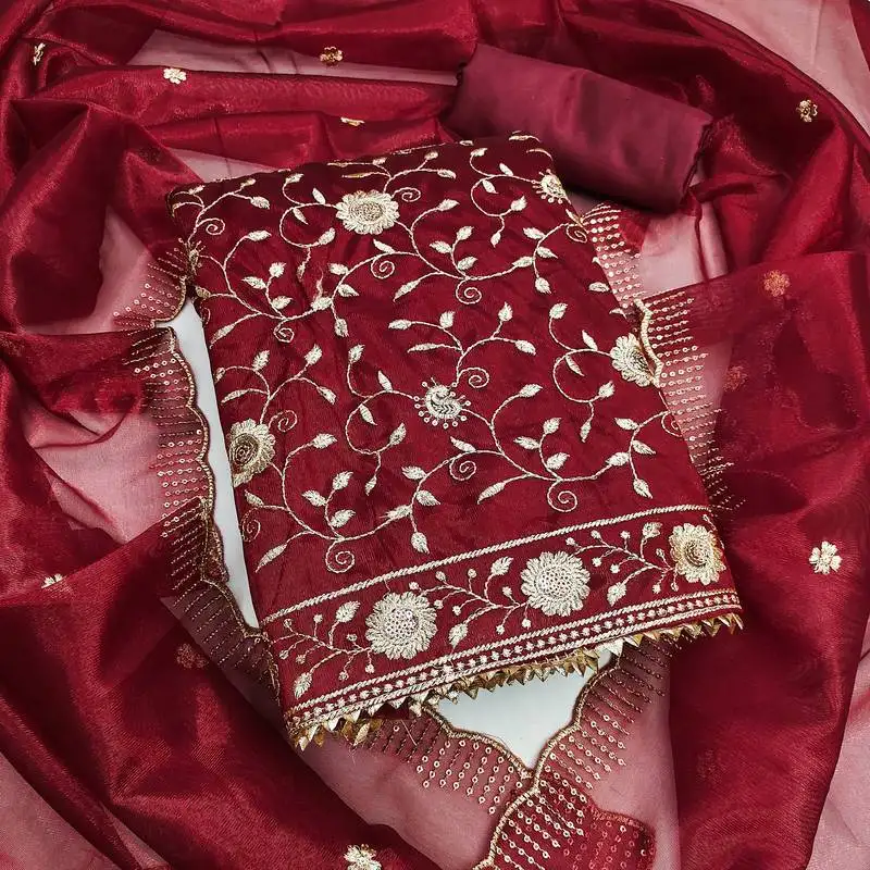 Women's maroon unstitched embroidered twill net dress material