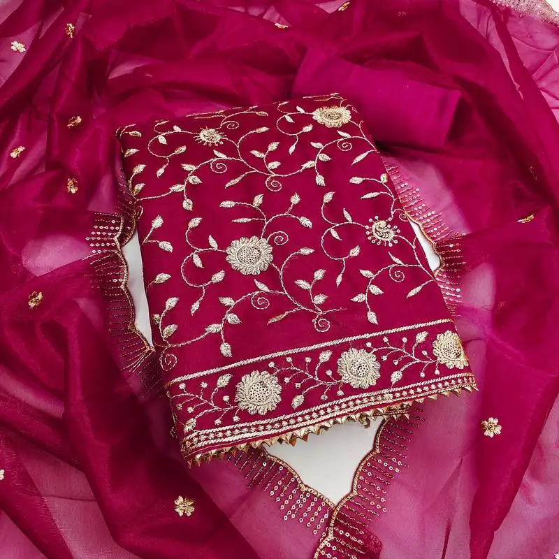 Women's magenta unstitched embroidered twill net dress material