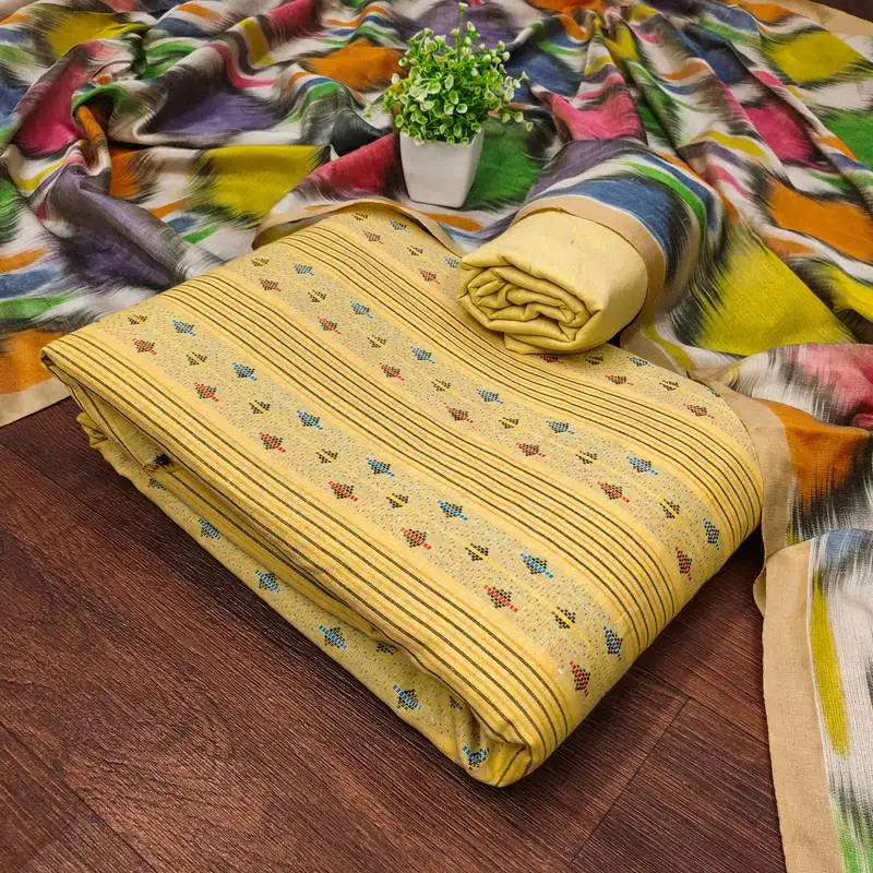 Women's yellow unstitched weaving cotton jacquard dress material