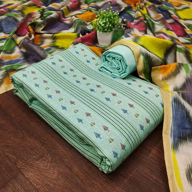 Women's sea green unstitched weaving cotton jacquard dress material