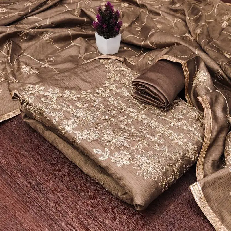 Women's light brown unstitched embroidered jalpari silk dress material