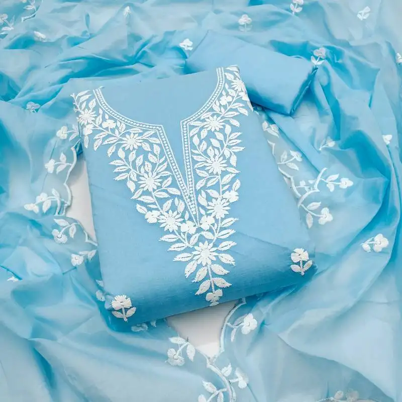 Women's sky blue unstitched embroidered chanderi cotton dress material
