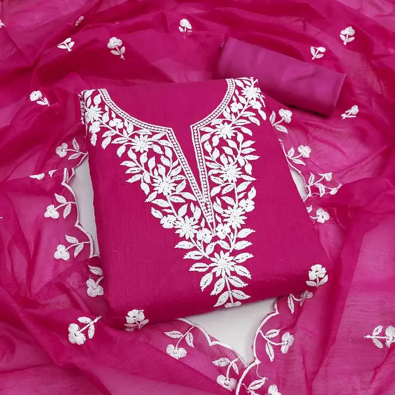 Women's pink unstitched embroidered chanderi cotton dress material
