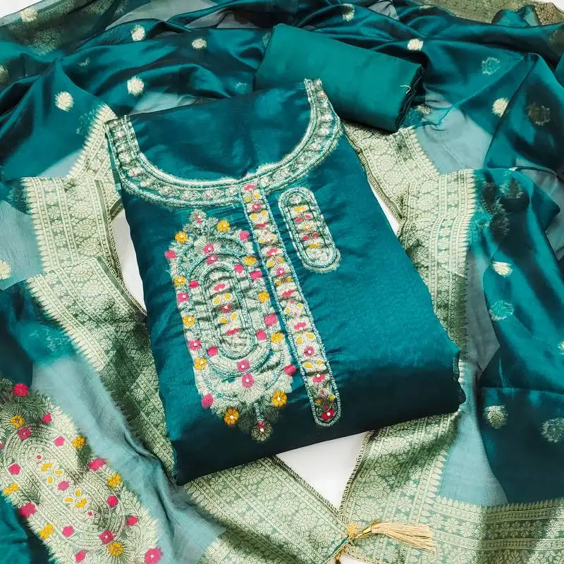 Women's sea green unstitched woven jacquard dress material