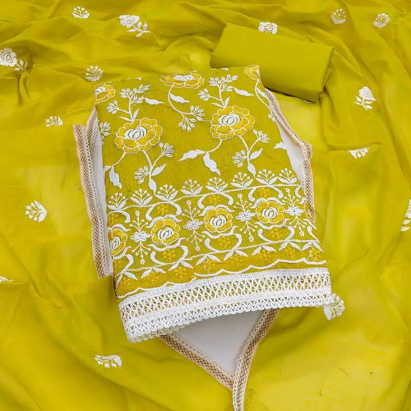 Women's light green unstitched embroidered chanderi cotton dress material