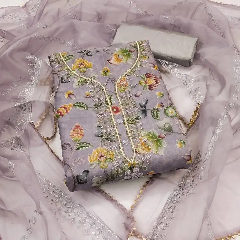 Women's grey unstitched embroidered organza dress material