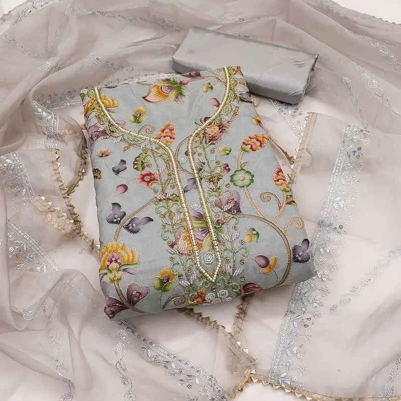 Women's light grey unstitched embroidered organza dress material