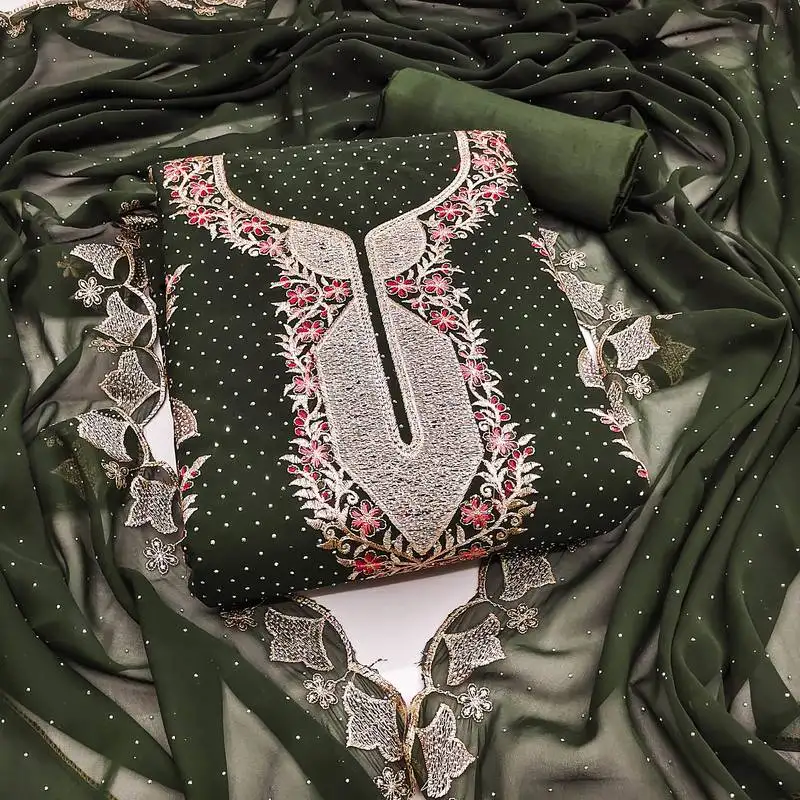 Women's olive green unstitched embroidered georgette dress material