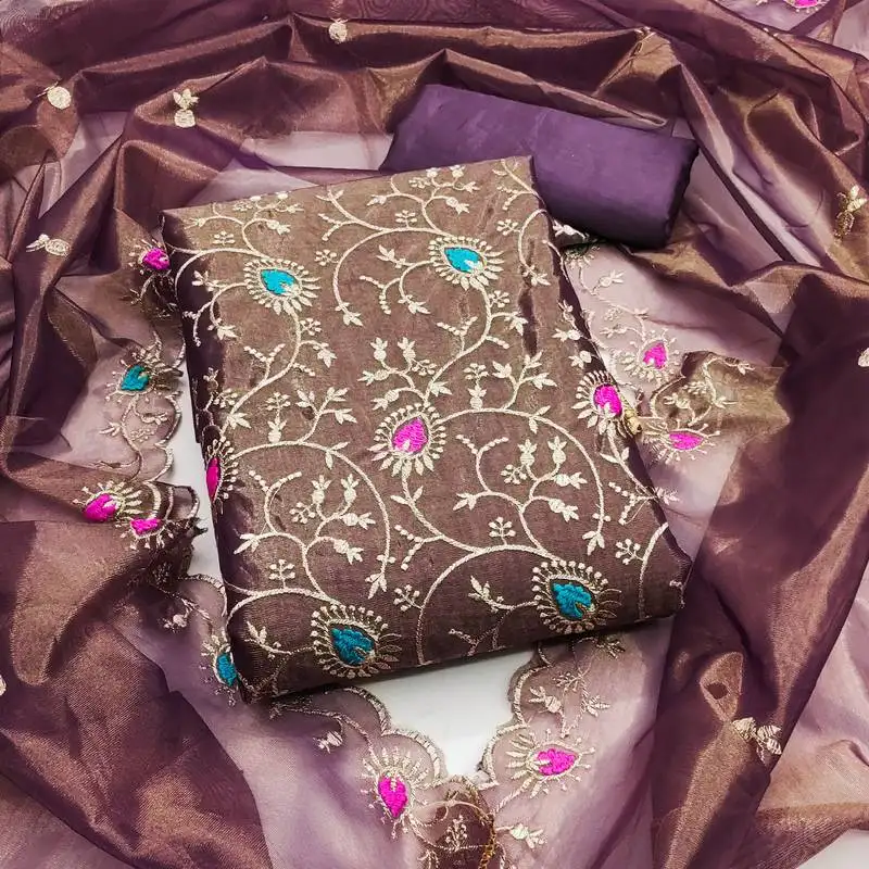 Women's voilet unstitched embroidered twill silk dress material