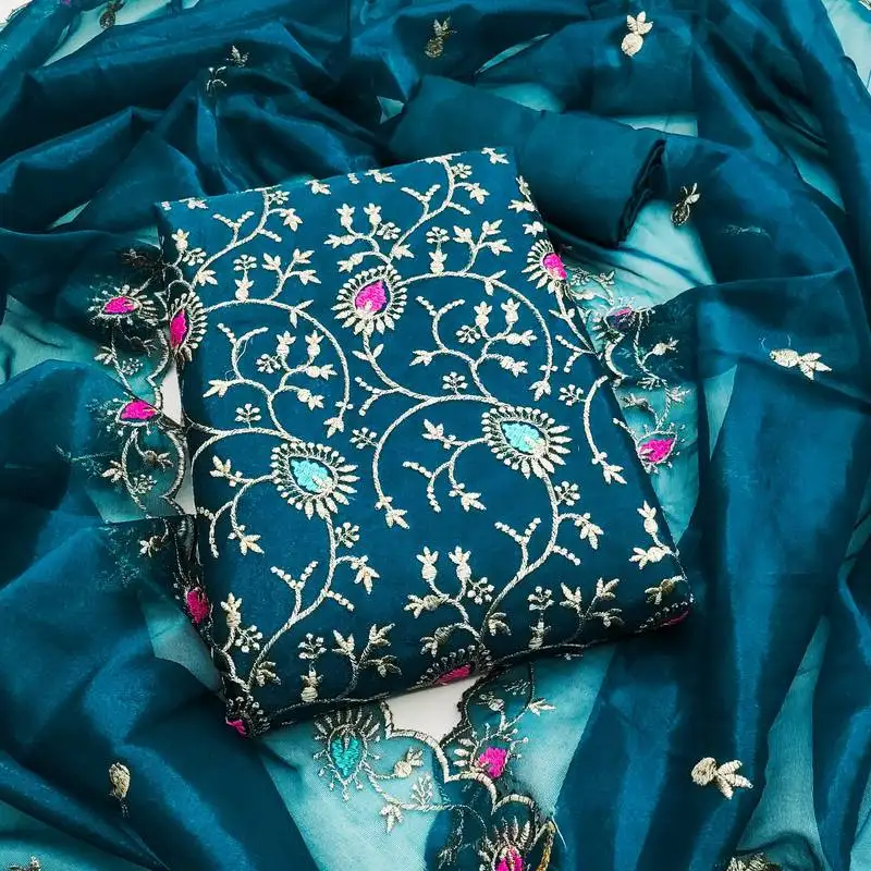 Women's teal blue unstitched embroidered twill silk dress material