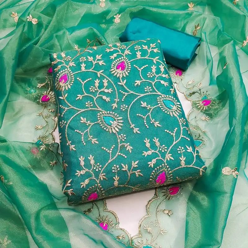Women's sea green unstitched embroidered twill silk dress material