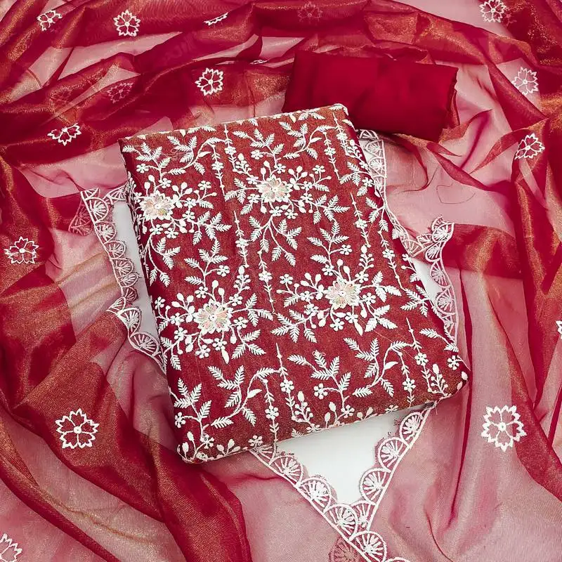 Women's maroon unstitched embroidered twill silk dress material