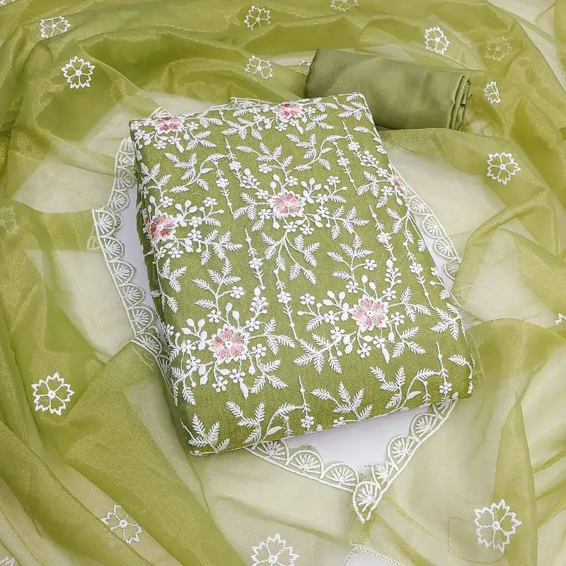 Women's light green unstitched embroidered twill silk dress material